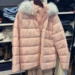 Pink Puffer Jacket with Faux Fur Hood